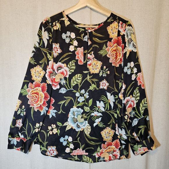 Tops - LOFT Black Colorful Floral LS Semi-Sheer Button Keyhole Blouse Breezy Medium